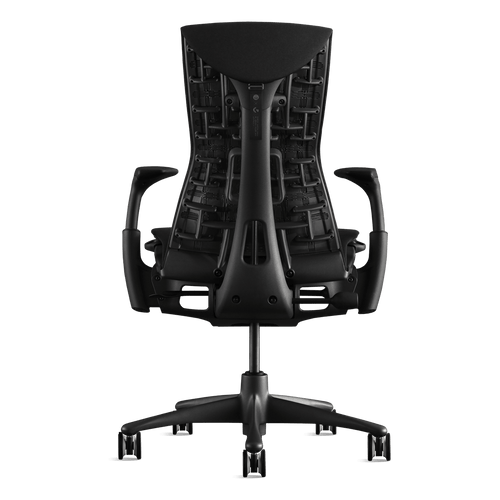 Back view of a black Logitech G Embody office chair from Herman Miller Gaming, designed by Bill Stumpf & Jeff Weber.