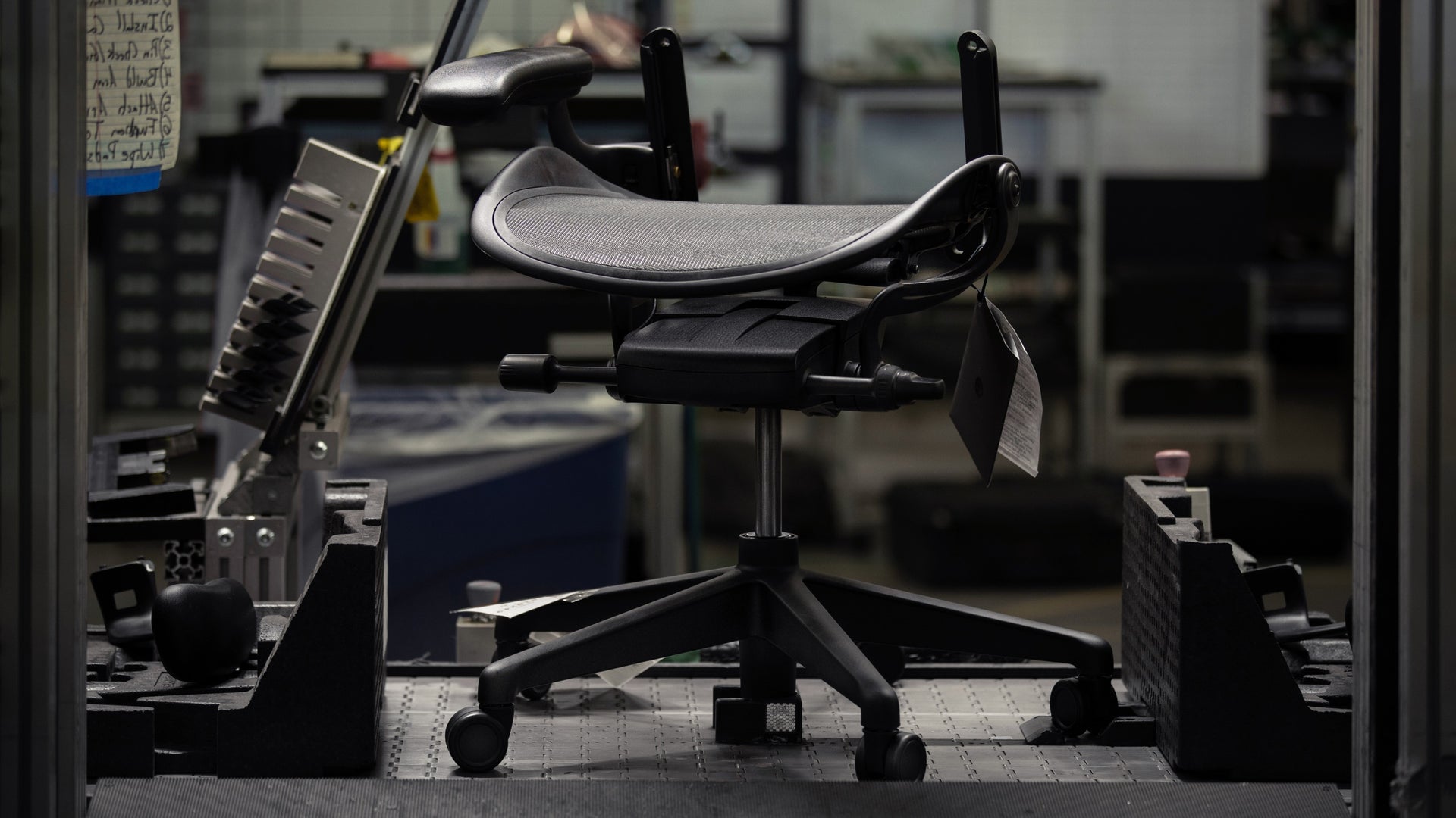 A shot of the Aeron Chair in the Herman Miller test lab, where it is rigorously tested to back its 12-year warranty.