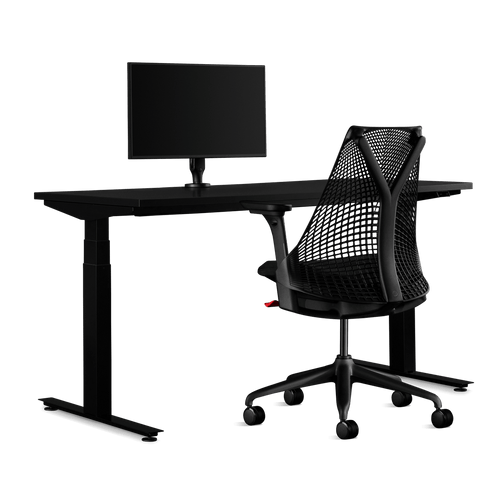 Herman Miller gaming bundle, featuring a Nevi sit-stand desk, Ollin monitor arm and a Sayl chair in black.