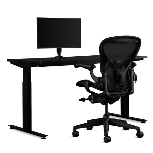 Herman Miller gaming bundle, featuring a Nevi sit-stand desk, Ollin monitor arm and a size B Aeron chair in onyx black.