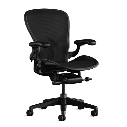 Front view of an onyx black Aeron C office chair from Herman Miller Gaming, designed by Bill Stumpf & Don Chadwick.