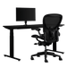 Herman Miller gaming bundle, featuring a Nevi sit-stand desk, Ollin monitor arm and a size C Aeron chair in onyx black.