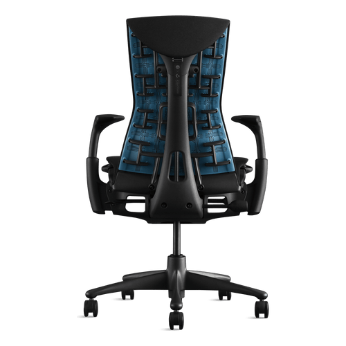 Back view of a cyan Logitech G Embody office chair from Herman Miller Gaming, designed by Bill Stumpf & Jeff Weber.