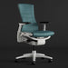 Front-angled view of a blue-green and white Herman Miller X Logitech Embody gaming chair in Galaxy