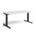 Herman Miller's Nevi sit-stand gaming desk with black legs and a white top from the front.