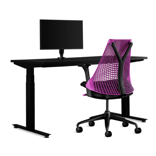 Herman Miller gaming bundle, featuring a Nevi sit-stand desk, Ollin monitor arm and a Sayl chair in interstellar pink.