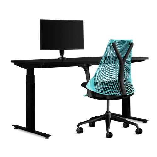 Herman Miller gaming bundle, featuring a Nevi sit-stand desk, Ollin monitor arm and a Sayl chair in ocean deep blue.